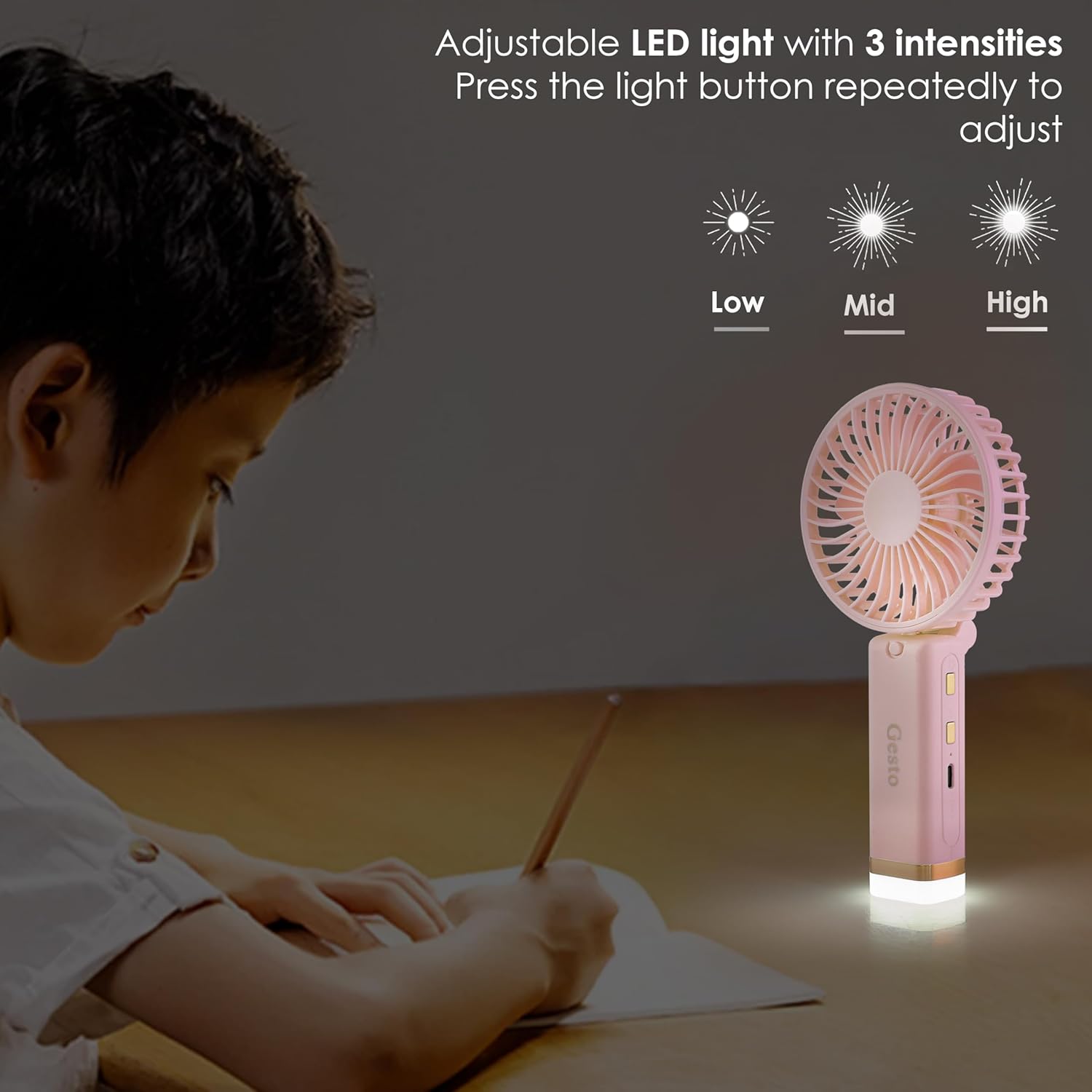 Gesto Portable Fan Rechargeable with LED Light – Foldable Mini Fan, Small Fan,USB Charging